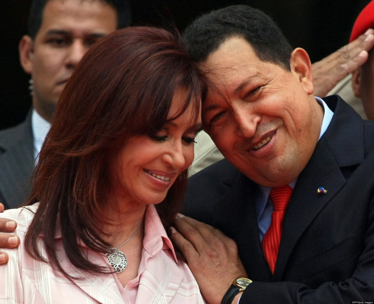 This files picture shows Venezuelan President Hugo Chavez (R) embracing his Argentine counterpart Cristina Fernandez de Kirchner at the Miraflores presidential palace, in Caracas, on March 6, 2008. President Hugo Chavez passed away on March 5, 2013 in Caracas after a long fight with cancer, Venezuelan Vice President Nicolas Maduro announced. AFP PHOTO/Juan BARRETOJUAN BARRETO/AFP/Getty Images