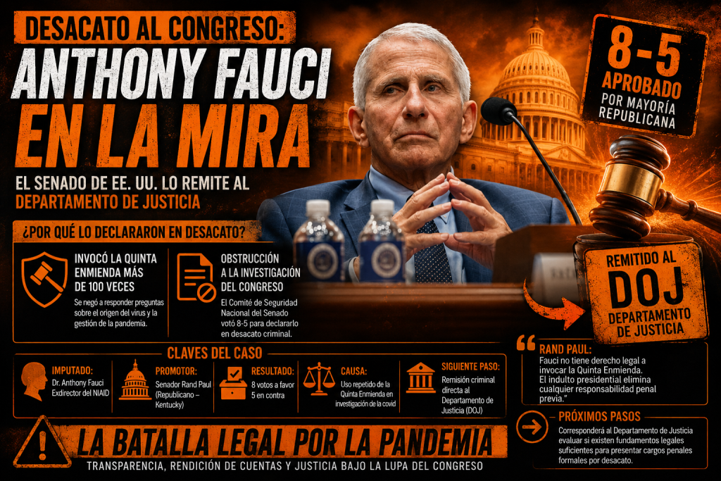 Anthony Fauci desacato al Congreso Senado Rand Paul Anthony Fauci, Fauci Quinta Enmienda COVID-19, Departamento de Justicia cargos Fauci, Senado EE UU desacato Fauci